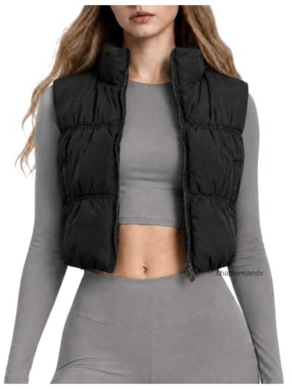 Cropped Puffer Vest Pleated Zip Up Quilted Sleeveless Winter
